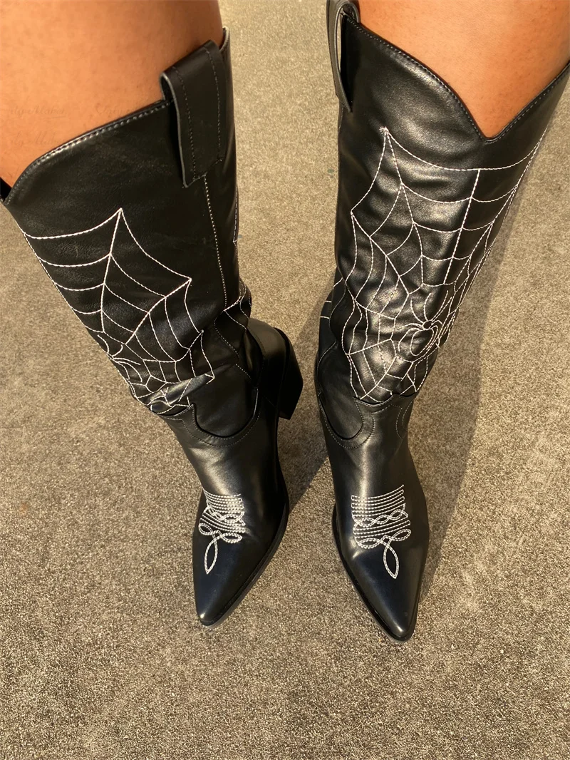 Onlymaker Women Black Pointed Toe Cowboy Boots Embroidery Spider Webs Fashion Handmade Female Mid-Calf Boots