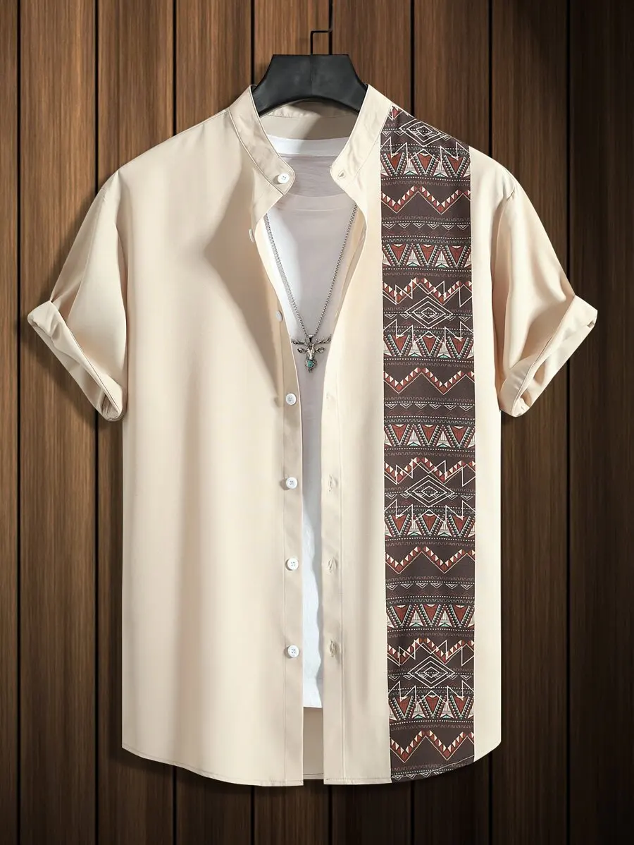 

Men's Casual Short Sleeve Shirt with Ethnic Pattern Panel, Slim Fit Stand Collar