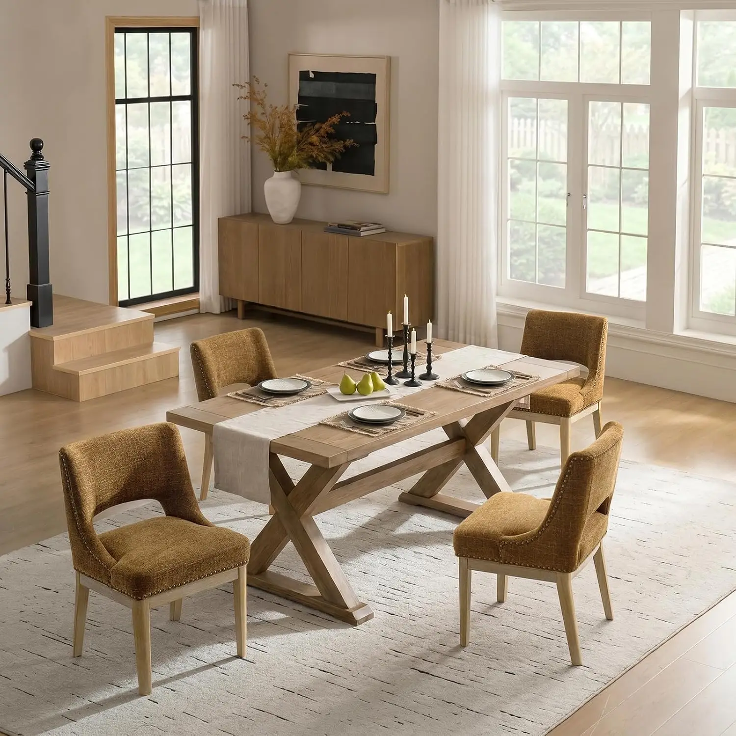 Fabric Dining Chairs Set 4 Curved Open Back Nailhead Trim Tapered Wood Leg Farmhouse Kitchen Living Room, Customized