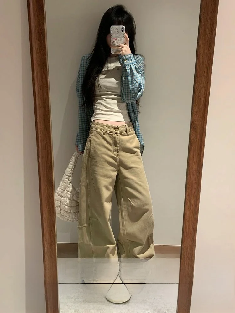 

Женские джинсы с высокой талией и широкими штанинами, осенне-зимняя новинка, в американском стиле, цвета хаки, прямого кроя, в пол, с эффектом похудения