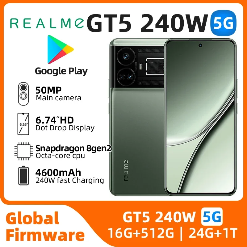 Global Rom Original Realme GT5 Snapdragon 8Gen2 5240 mAh IMX890 OIS 2772*1240 144Hz Wifi 7 Main Camera 50MP NFC OTA used phone