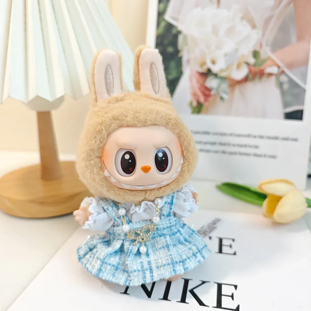 Mini Doll'S Clothes Outfit For 15-17cm Labubu V1 V2 Classic Grid style Dress Cloak Set With Pearl Element Beret Clothing