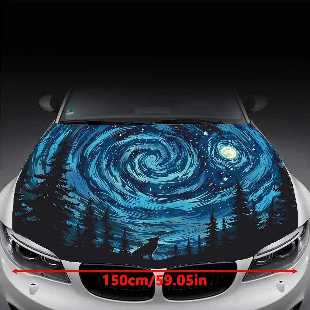 ملصق غطاء محرك السيارة Wolf Under The Starry Sky - ملصق PVC متين ذاتي اللصق للسيارات والدراجات النارية والشاحنات وغطاء السيارة ديكو