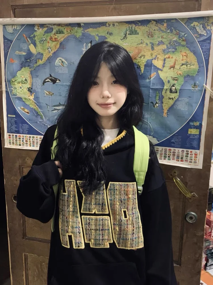 American Retro Patchwork Embroidery Hoodie Women's Spring Autumn Oversize Trendy Design Outerwear Comfortable Long Sve