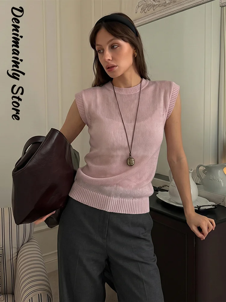Casual Women's Solid Color Thin Perspective Knitted Vest Round Neck Sleeveless Female Tops 2026 Summer Holiday Beach Outfit