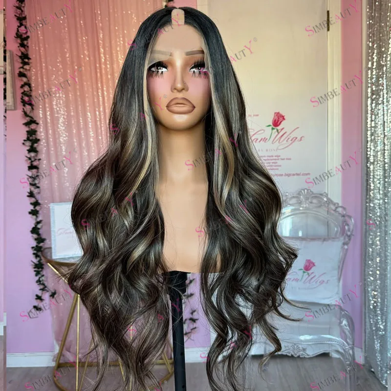 Simbeauty Remy Human Hair Adjustable Middle U Part Highlight Bayalage Ash Brown Blonde Body Wave Wigs for Black Women Natural