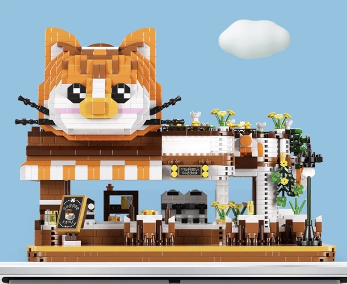 Moc panda hambúrguer gato café blocos de construção conjunto comida rua loja arquitetura brinquedos para crianças aniversário presentes do dia especial