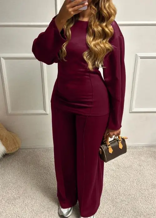 Herfst casual losse 2-delige set effen kleur ronde hals pitstreep gesplitste top en hoog getailleerde broek met rechte pijpen