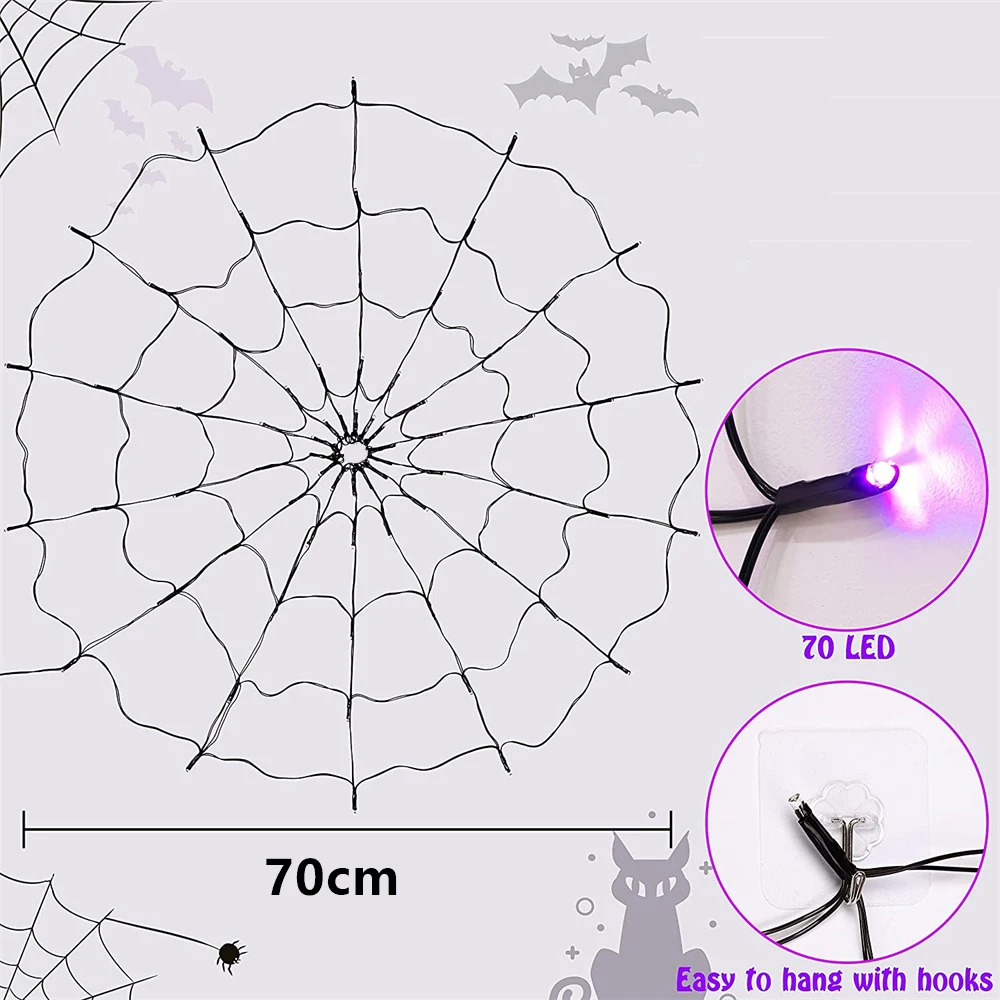 Halloween Spider Web LED Lights, Outdoor, Pátio, Jardim, Spider Fear Props, Decorativa Roxo String Light, Controle remoto