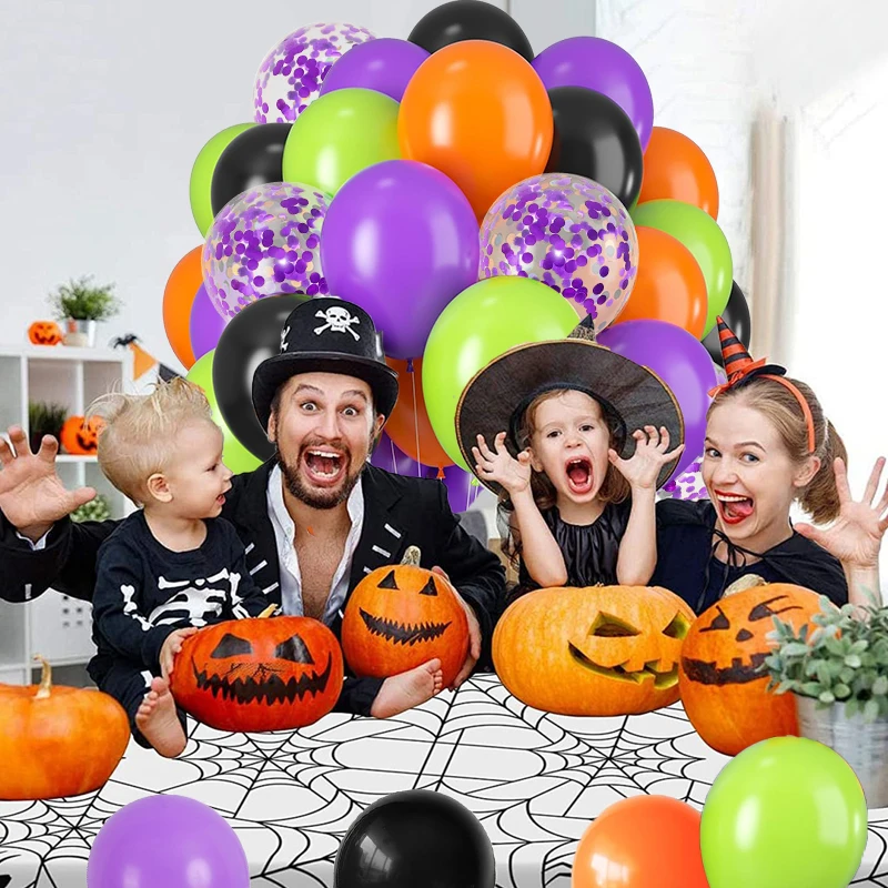 45pcs Halloween Black Purple Green Orange and confetti purple latex balloons, Halloween decorations, birthdays, horror parties