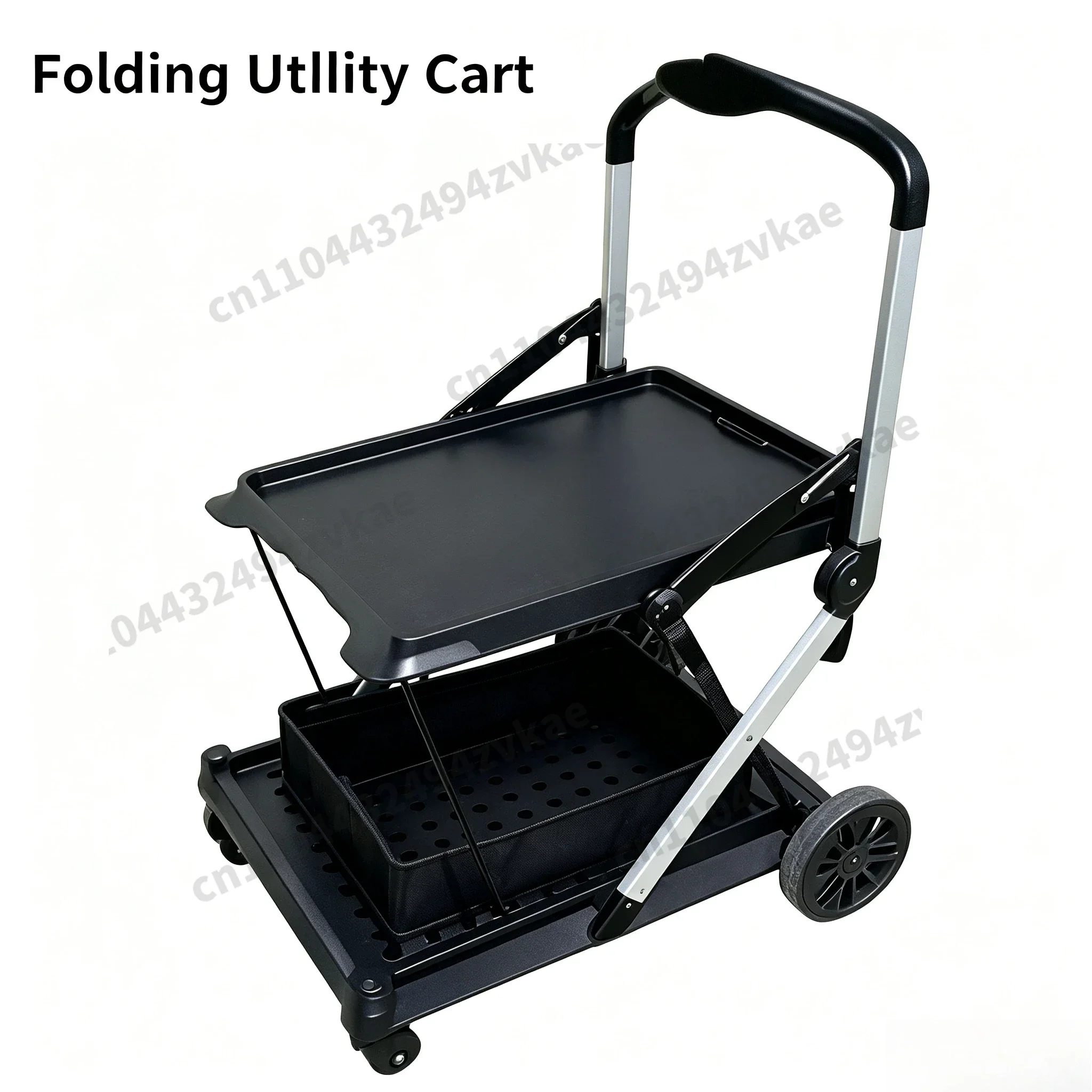 Portable Double-layer Folding Trolley with Storage Box,Outdoor Camping, Shopping for Food on Foot,Multi-functional Pulling Goods