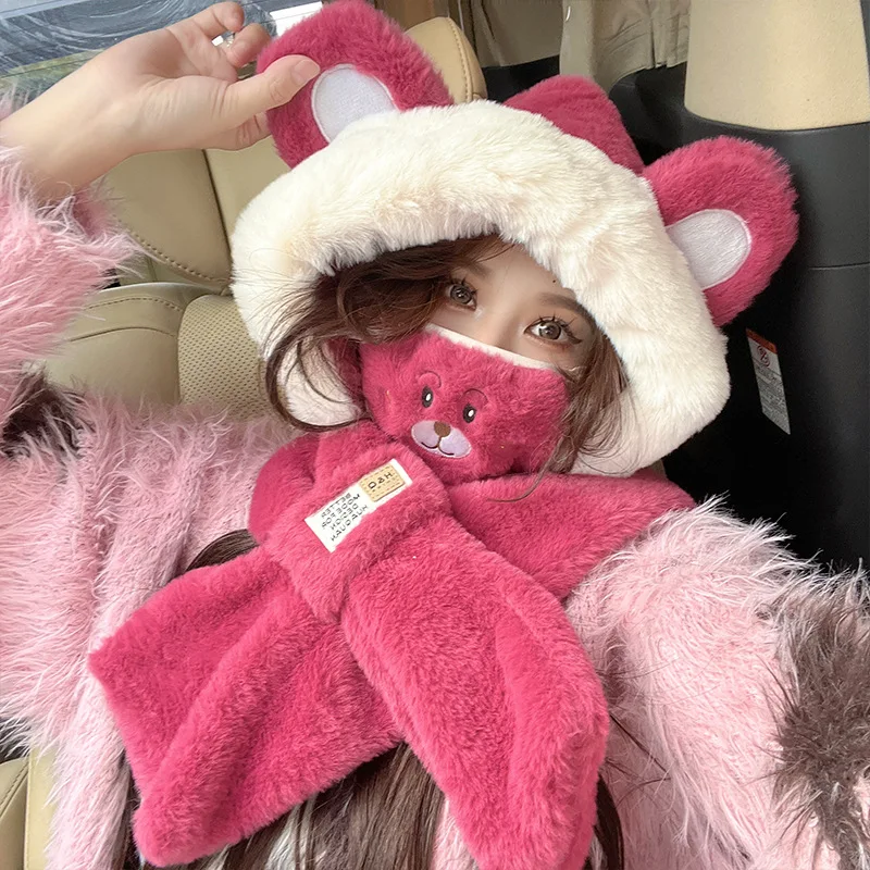 

Шапка с медведем, шарф, маска, плюшевая шапка, женская зимняя утолщенная теплая защита ушей, комплект из трех предметов, шарф с капюшоном