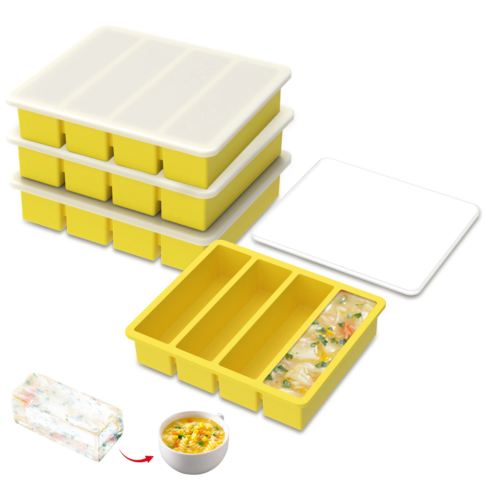 

4 Pcs Silicone Freezer Molds Easy Meal Prep Container with Lids Multi-purpose Food Freezer Trays Release Ice Cube Mold for Soups