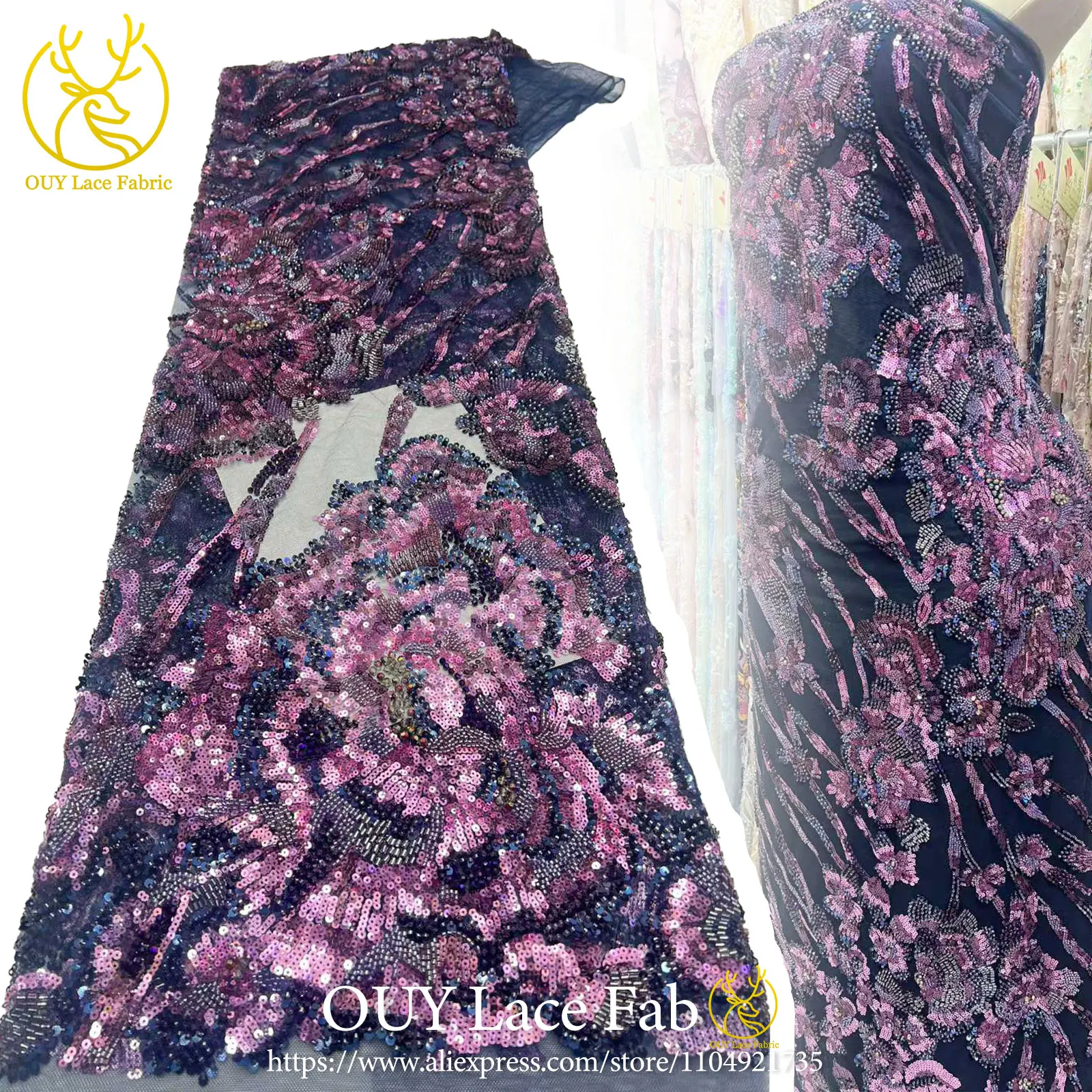 

Luxury African Handcrafted Heavy Beaded Lace Fabric 2026 Nigerian Sequined Mesh Lace Fabric Women's Party Wedding Gown