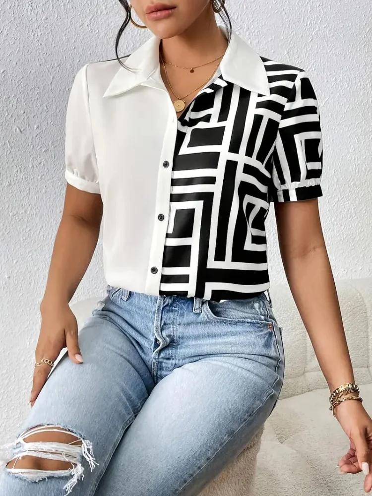 Лето 2022. Женские рубашки с короткими рукавами и чернильной стилью с цветочным принтом для модных и повседневных летних каникул.