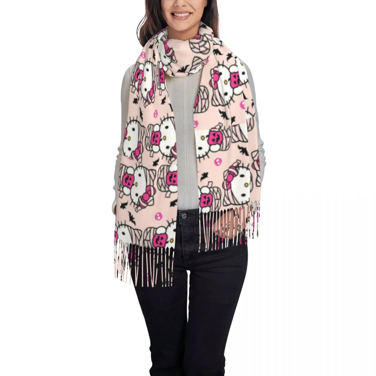 هالو كيتي وشاح الهالوين للمرأة خريف شتاء شالات الكشمير والتفاف الكرتون الخفافيش الأوشحة الطويلة مع شرابة للسيدات