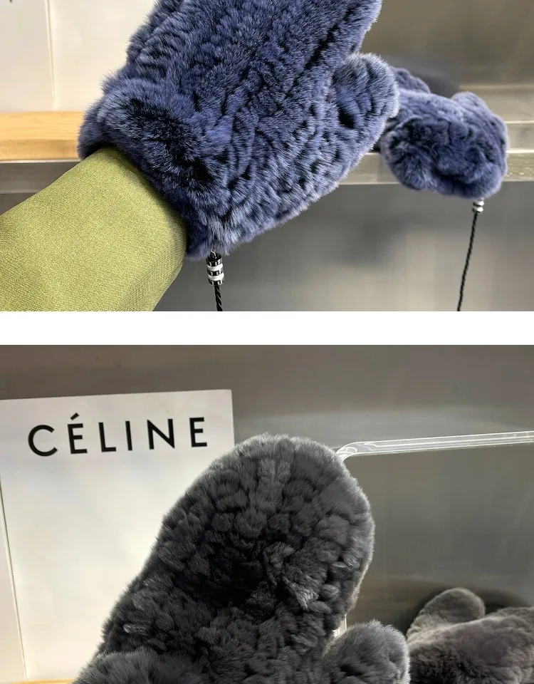 Women's Winter Real Rex Rabbit Fur Gloves Warm Thick Ladies Fur Mittens Elastic Girls Ski Glove Mitts Elastic Soft With String