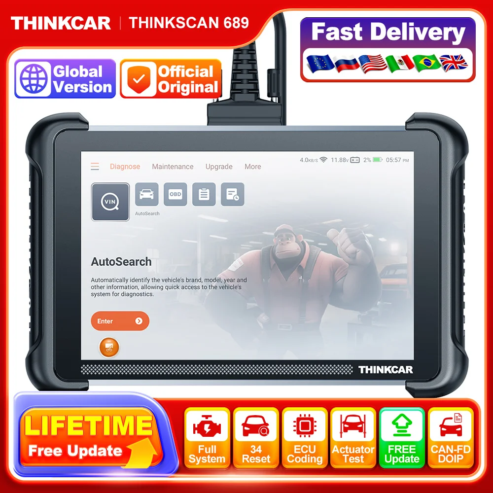 

THINKCAR THINKSCAN 689 Lifetime Free Car Diagnostic Tool 34 Сброс CANFD DOIP ECU Кодирование Экшн-тест Полная система OBD2 Сканер