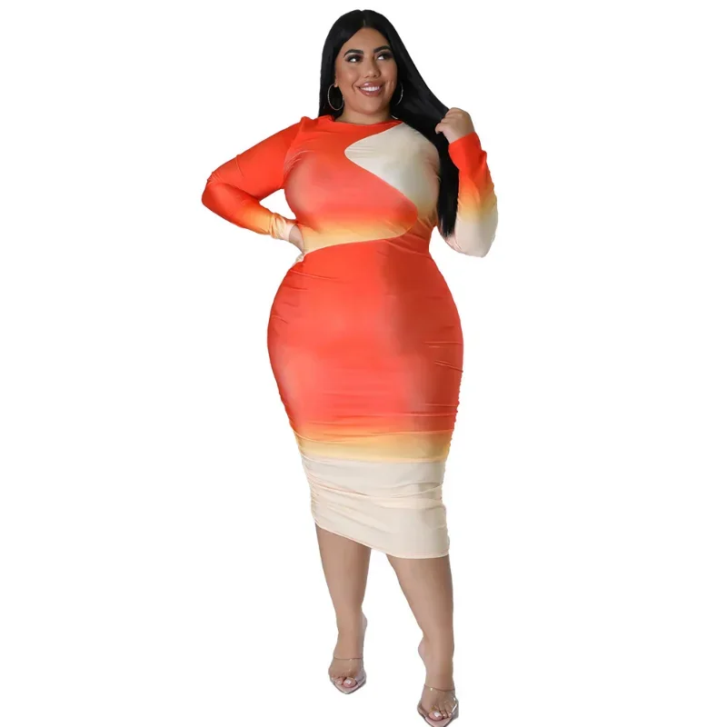 L-5XL Sexy African Women Clothing Fashion Colorful Printing Bodycon Long Sleeve Plus Size Midi Dress 2024 Sexy Women Clothing