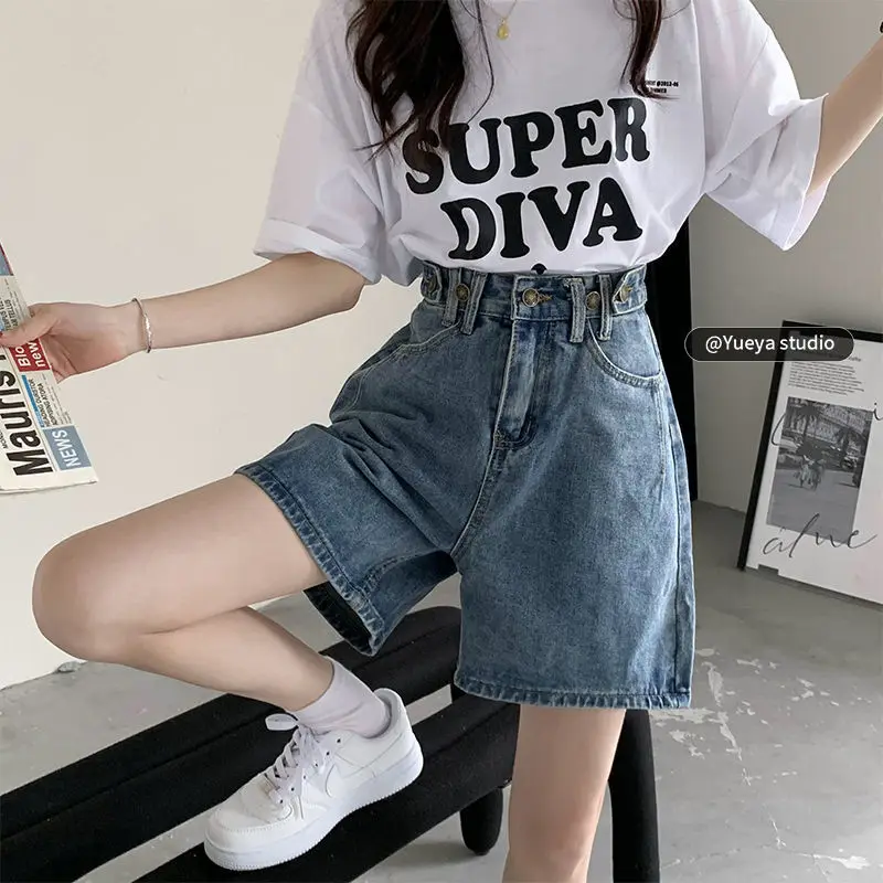 Women\'s High Waist Denim Shorts, Retro Loose Wide Leg Cropped Pants, Leather, Low Rise, White Biker, Cycling, Summer