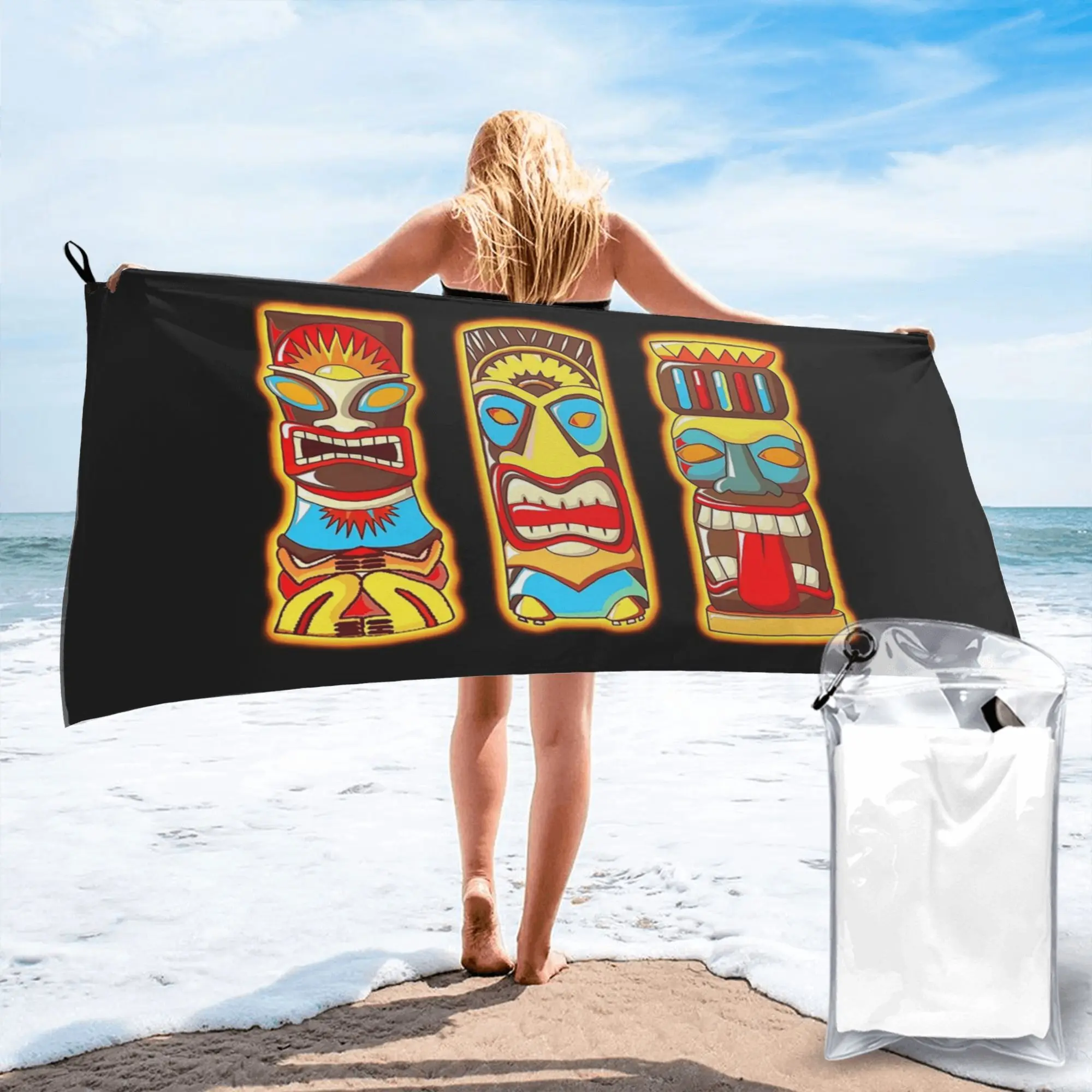Tiki Gods Totems Idols Retro Tropical Polynesian Beach Towel Soft Microfiber Quick Dry Absorbent Quick Towels For Swimming