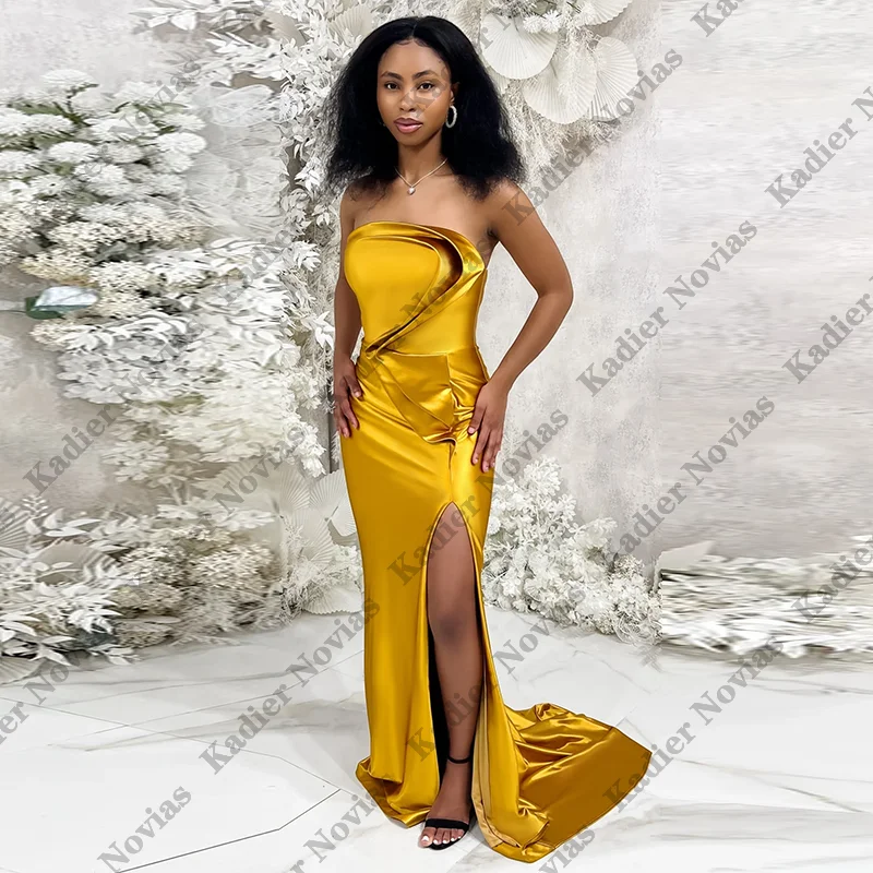 

Long Women Bright Gold Yellow Bridesmaid Dresses Strapless Mermaid Satin Formal Party Gowns Long Bride Maids Dress Customized