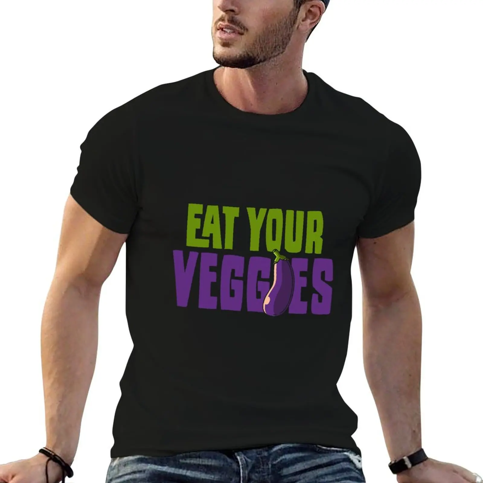 Eat Your Veggies Eggplant T-Shirt Modern Print Casual T-Shirt