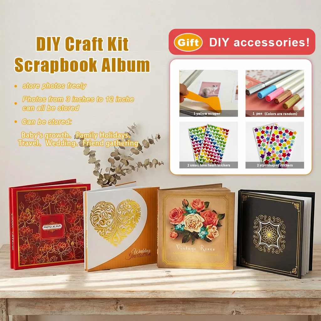 18'' DIY Self-Adhesive Scrapbook Album, Vintage Boho Gold Foil Cover, Memory Book for Couples, Anniversaries, Weddings & Travel