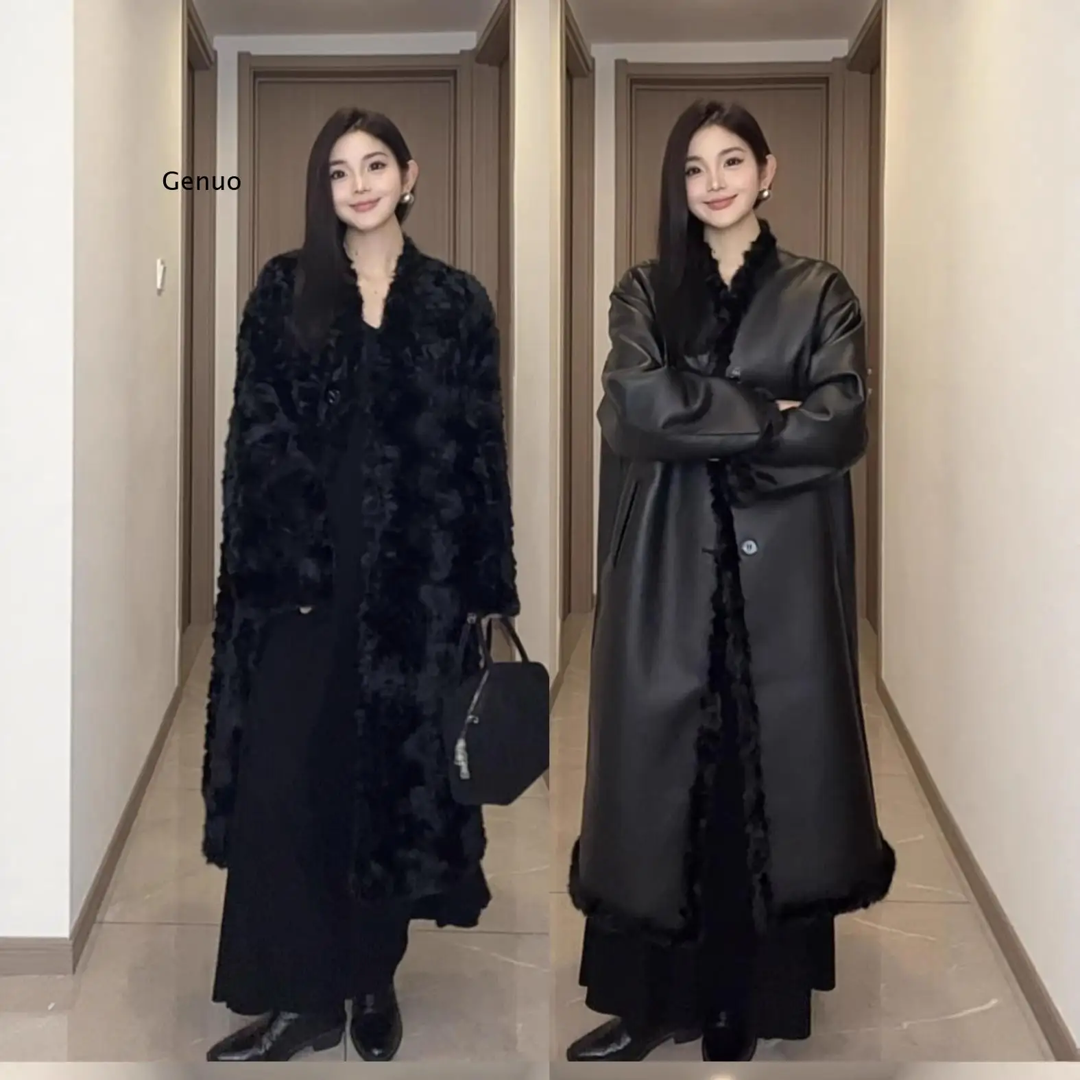 Women's 2026 New Reversible Long Faux Fur Coat Eco-Friendly Stand Collar Integrated Fur PU leather Jacket Warm Winter Outerwear