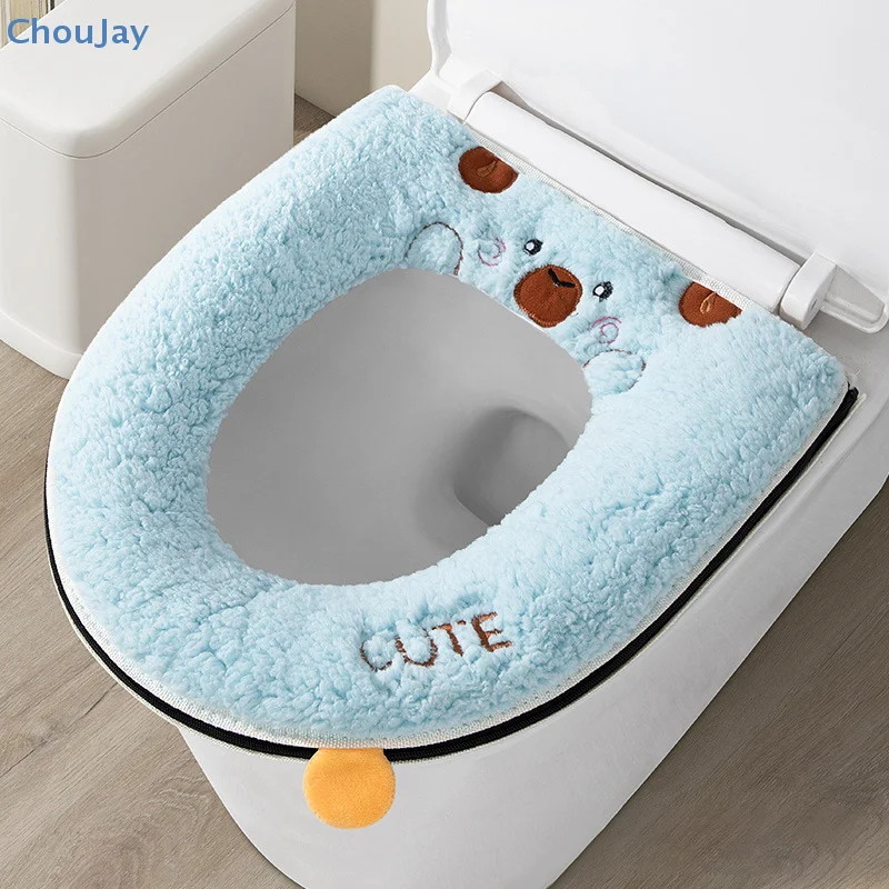 Winter Warm Toilet Seat Cover With Cartoon Bear Pattern Thicken Cushion Bathroom Essential Kids Friendly Cartoon Cover