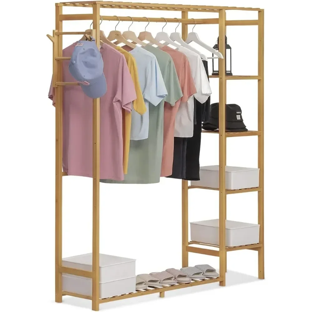 Bamboo Clothing Rack with Shelf, Wardrobe Jacket Storage Organizer, Clothing Hanger with Pants Rack and Hook