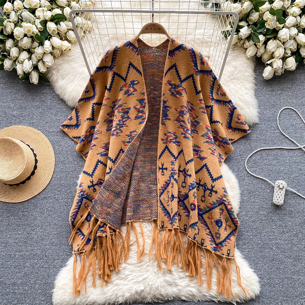 Croysier Shawl Cardigans For Women 2023 Bohemian Ethnic Vintage Jacquard Knit Cardigan Fringed Hem Loose Long Cape Sweater Coat