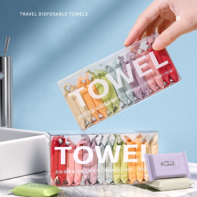 14pcs Disposable Compressed Towel Thickened Face Cloth Boxed Portable Travel Cleansing Towel for Hotel Business Trip