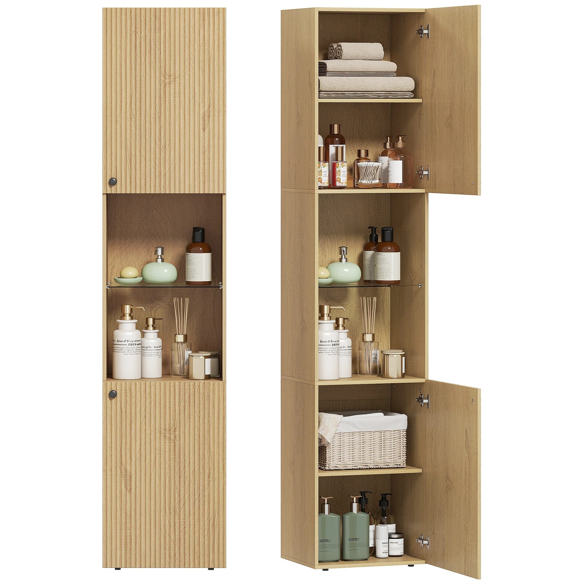 HOMCOM Armario de Baño Alto de 6 Niveles con 2 Puertas 40x31x182 cm Roble