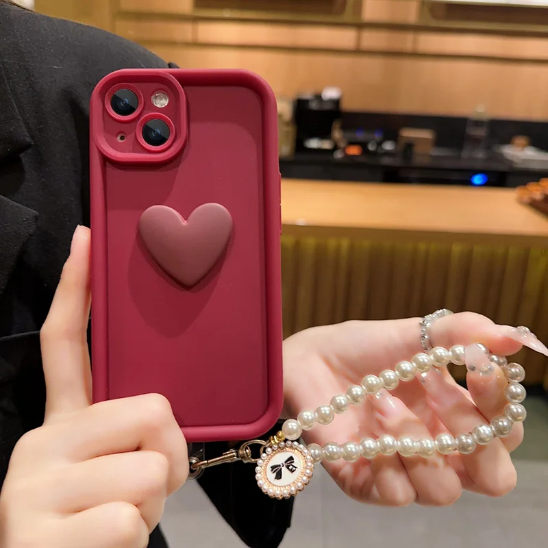 For oppo Reno16Pro Reno15Pro Reno14Pro Reno13Pro Reno12Pro Reno10Pro3D Love Heart Pearls Hand Strap Back Cover
