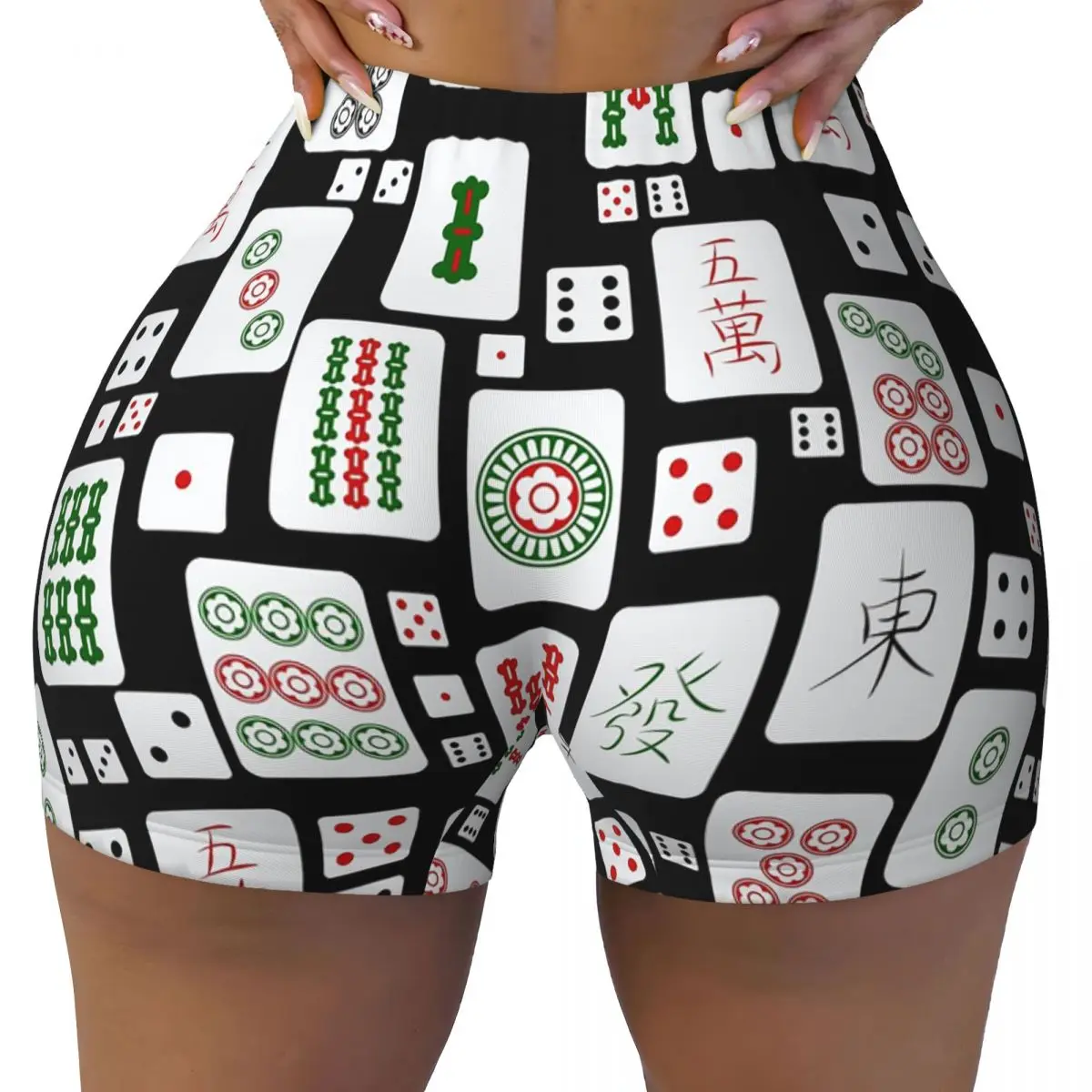 

Пользовательские шорты для йоги с плитками для маджонга, женские шорты для тренировок в тренажерном зале, спортивные шорты для волейбола, байкера