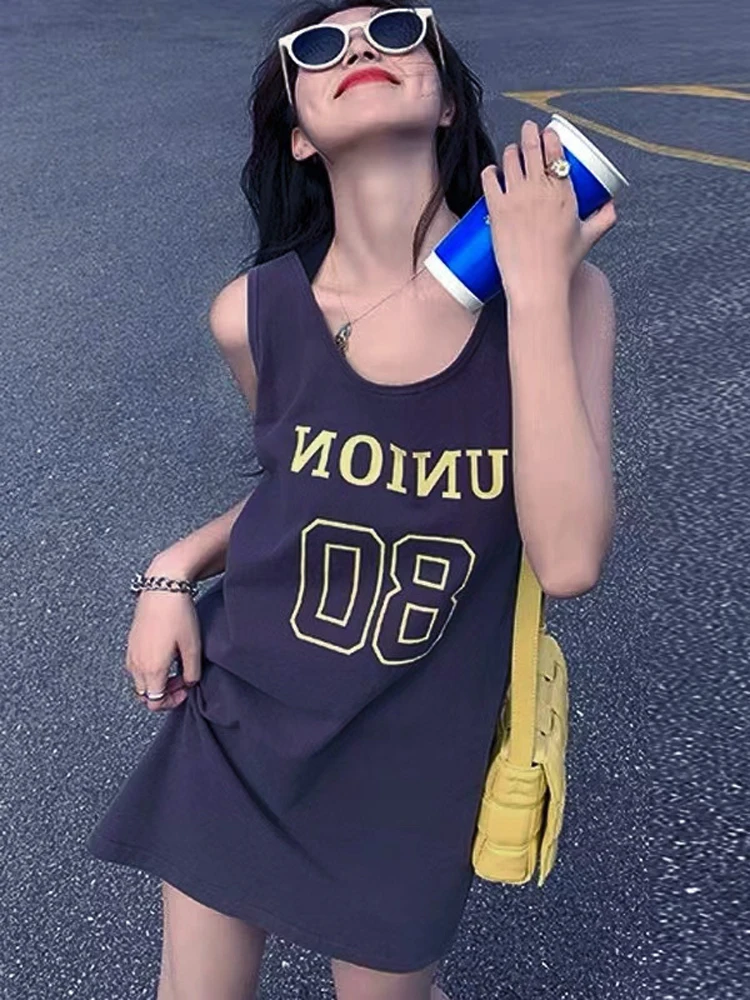 Summer Sleeveless Vest Strap Home Clothes Women's Medium Length T-shirt Sleepwear Street Trend Outerwear Cotton Blend round Neck