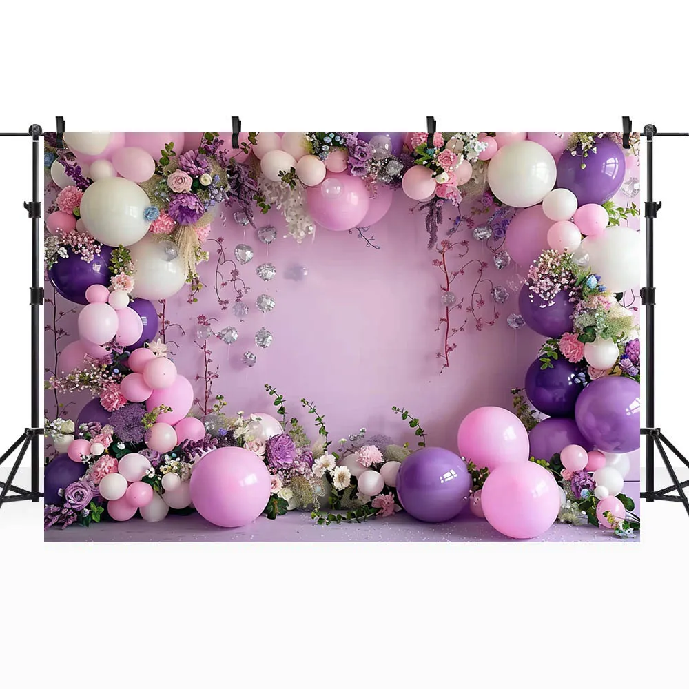 Mocsicka Backdrop for Photography Pink Purple Wall And Floor Flowers Balloons Baby Kids 1st Birthday Cake Smash Photo Background