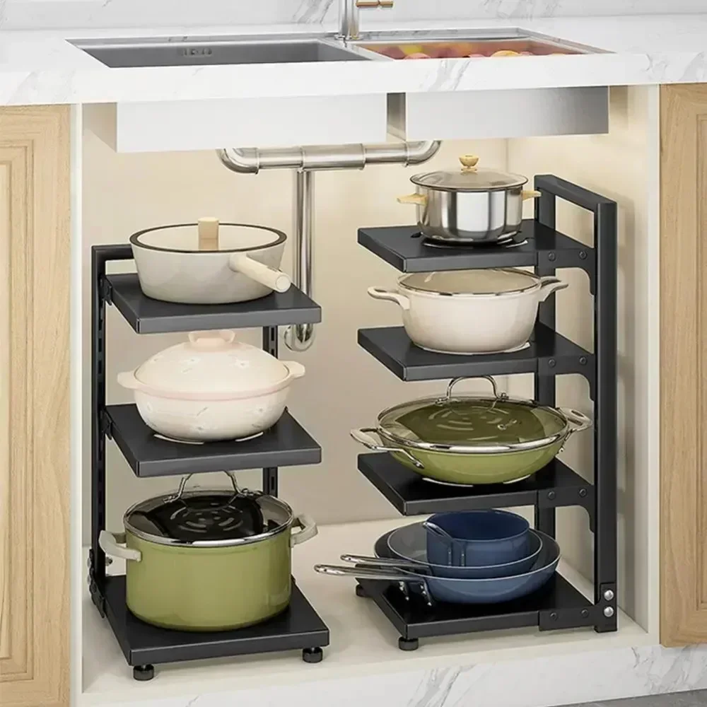 

Multilayer Kitchen Under Sink Pot Holder Adjustable Frying Pan Rice Cooker Seasoning Storage Rack Metal Organizer Pot Rack