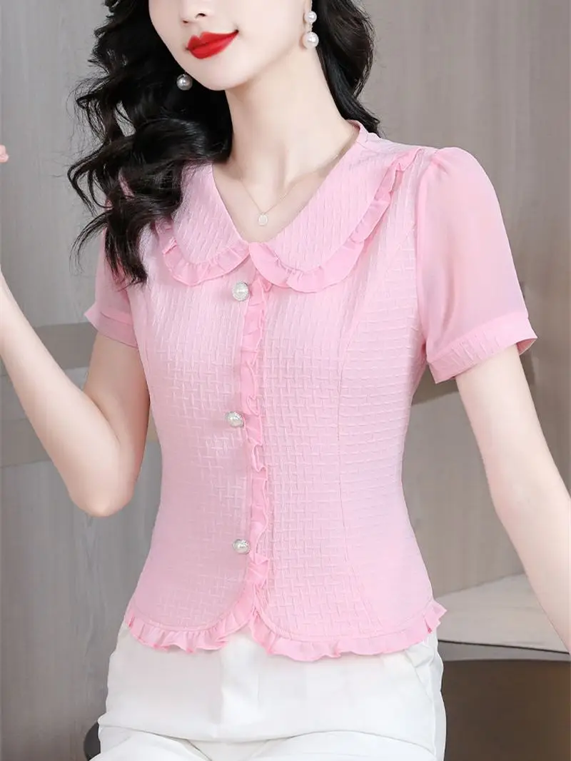 3XL Women Spring Summer Blouses Shirts Lady Fashion Casual Short Sleeve Peter Pan Collar Polka Dots Printing Blusas Tops G2808