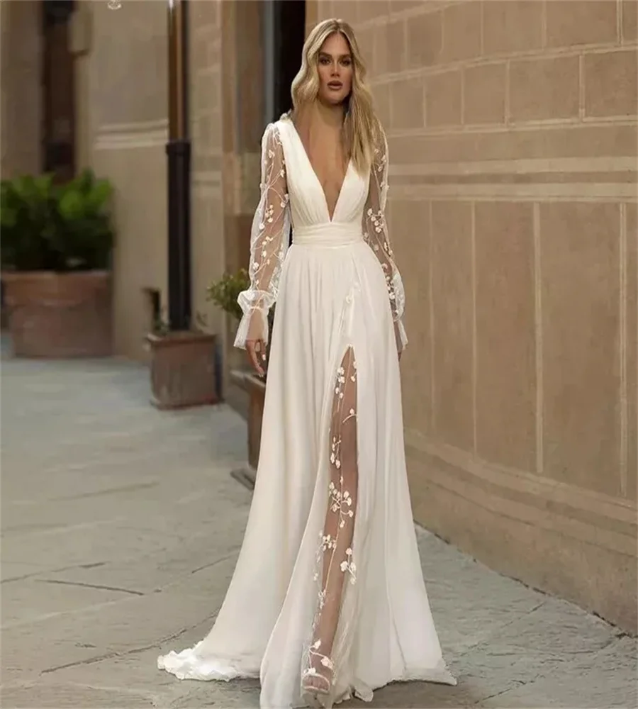 Gatsby Boho Wedding Dresses Deep V Neck Illusion Long Sleeve Lace Bride Dress Fairy Beach Bohemian Bridal Dress Sexy Customized