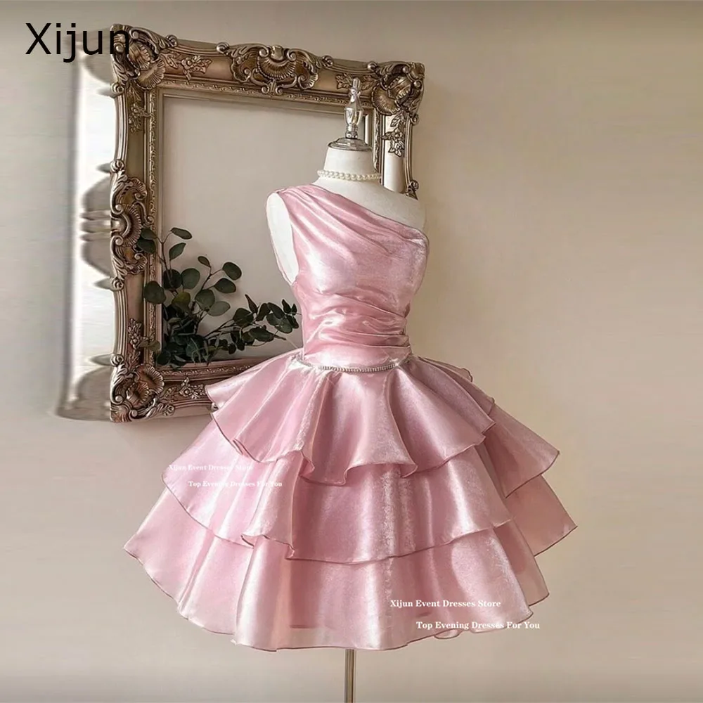 Xijun Princess Short Organza Evening Dresses Tiered Sleeveless A-Line Mini Prom Dresses One Shoulder 2026 Party Gowns Customized