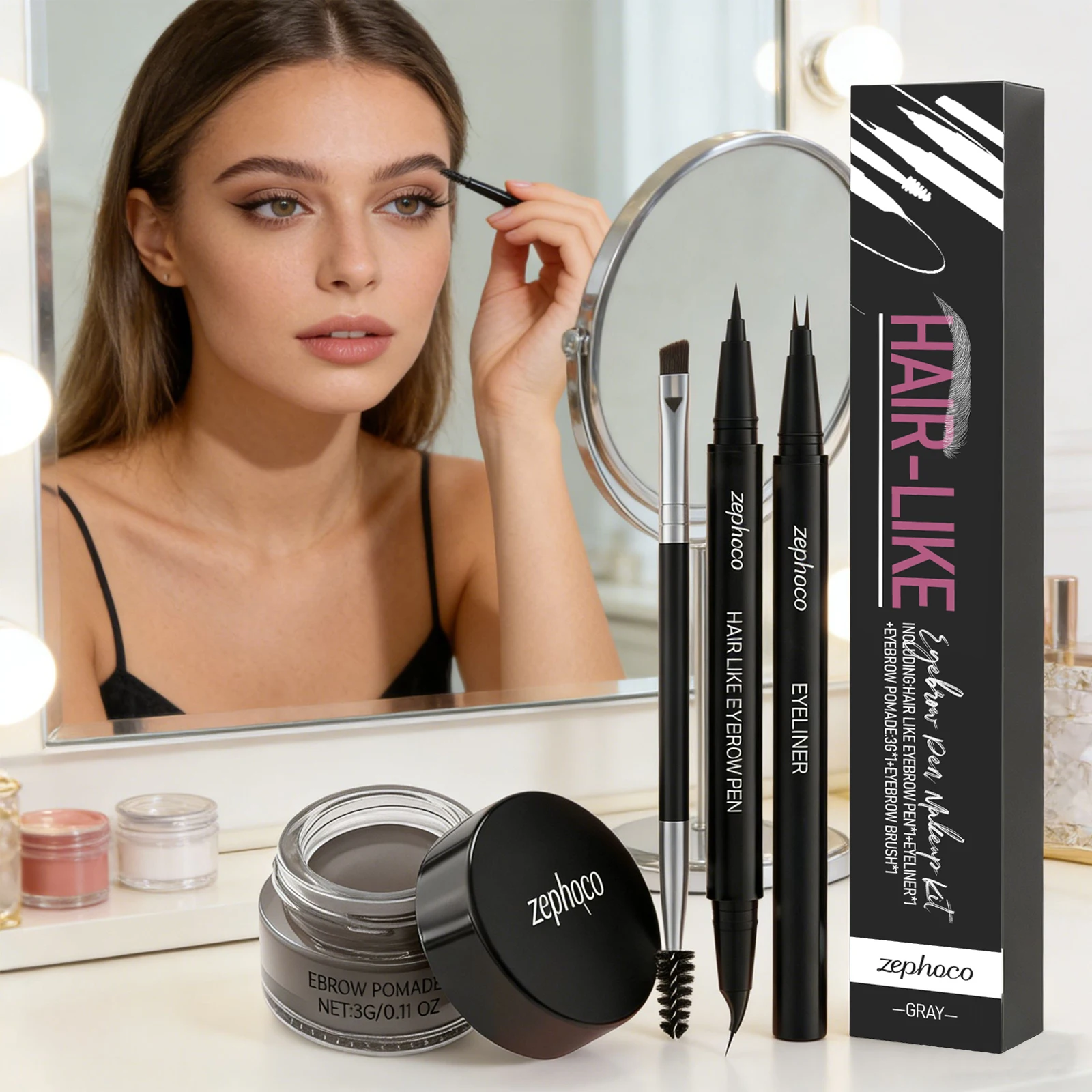 Waterproof Eyebrow Powder Eyeliner Set Long Lasting Natural Eyebrow Contour Color Rendering Grey Eye Makeup Cosmetics Tool