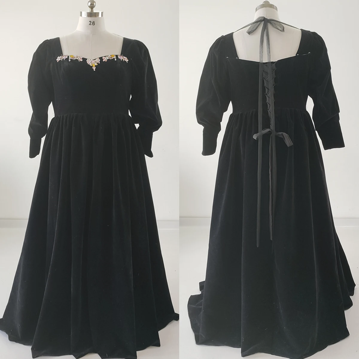 

Real Photo Evening Dress Plus size Black Velvet Square Collar Floor Length Full Sleeves A-Line Lace Up Women party Formal Gowns