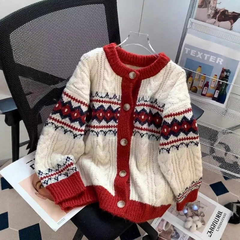 

Vintage Jacquard Knitted Cardigan Christmas Sweater for Women Autumn Winter New Fashion Single Breasted Sweater Chic Knitwear
