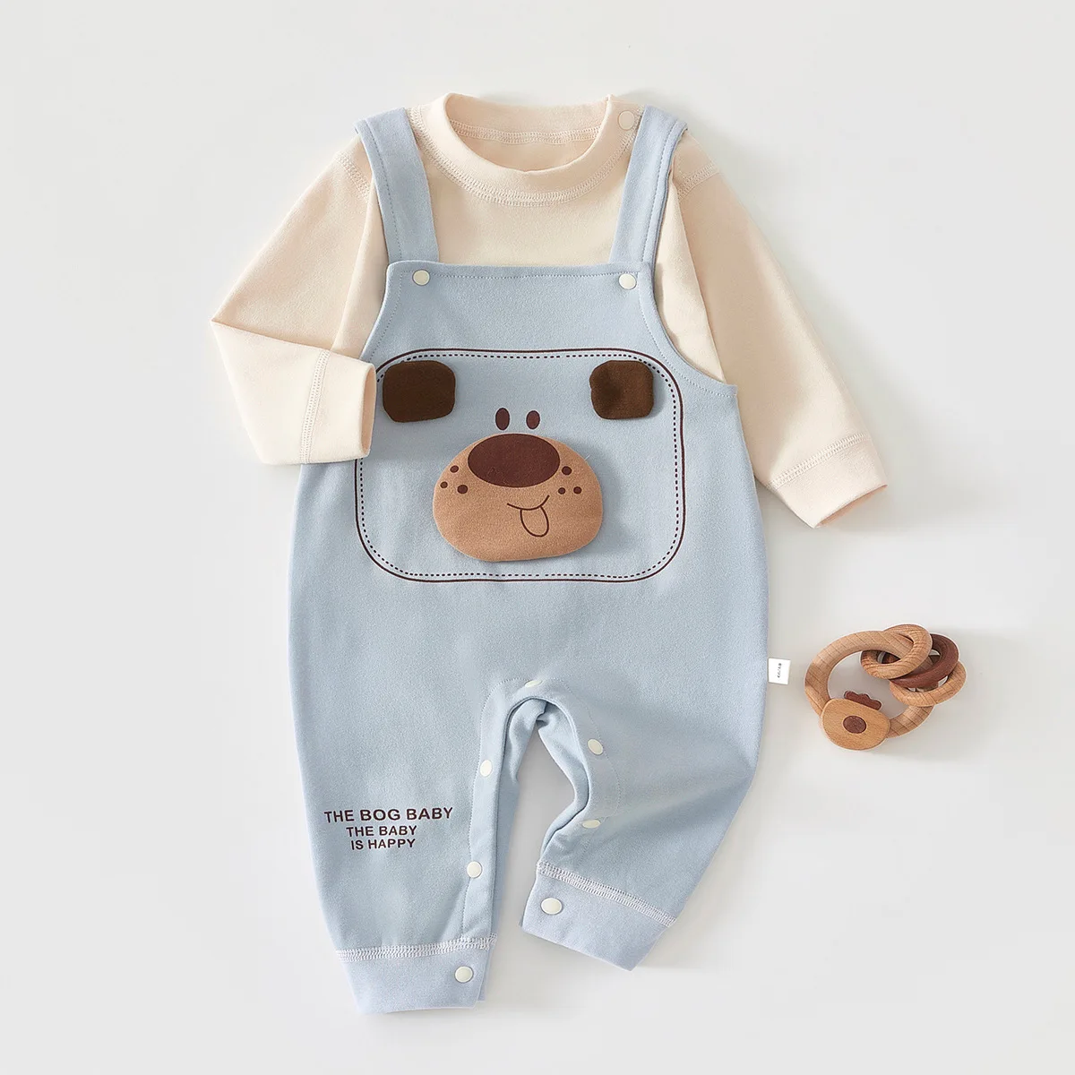 Cute Cartoon 2-Pce Cotton Baby Outfit for Autumn Spring with Suspender Pants and Long-Sleeved T-Shirt Suitable for 0-2 Years Old