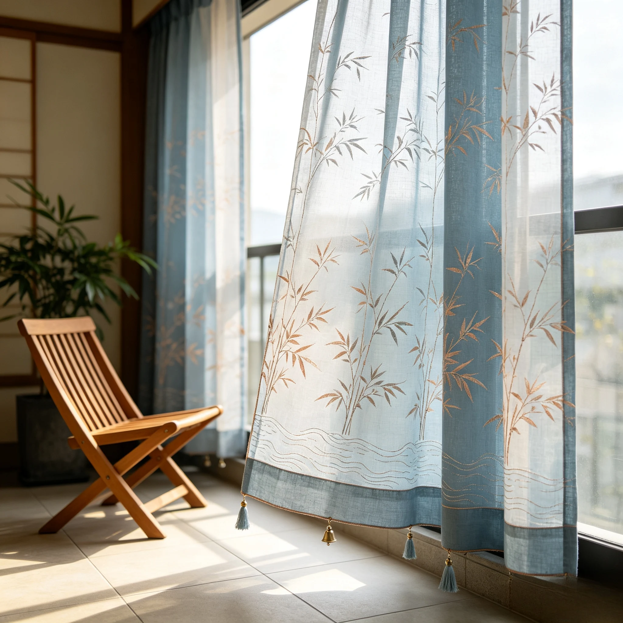 200248   Mist blue light copper gauze linen Japanese style balcony bamboo leaf water ripple copper bell curtain