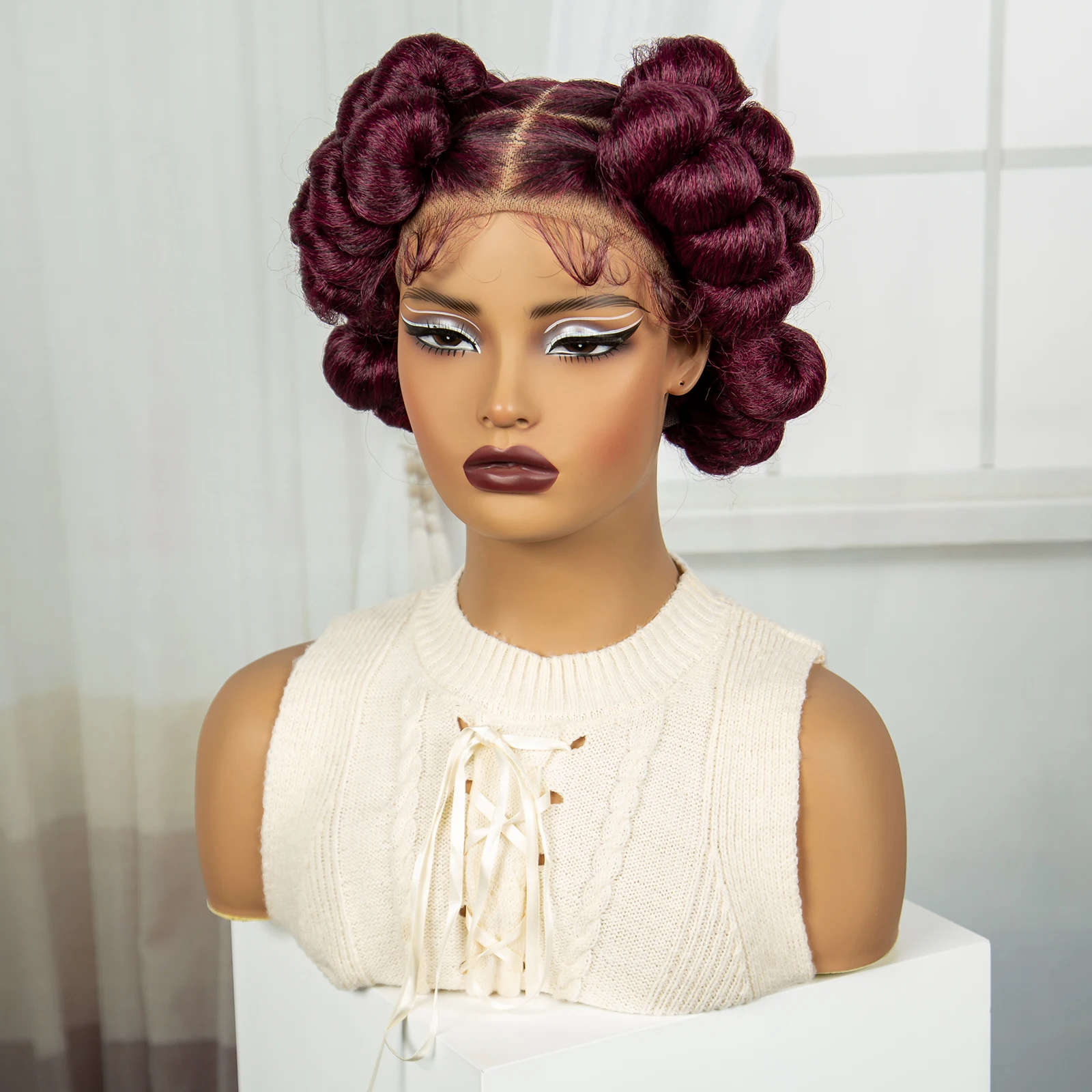 Bantu Braided Wigs Synthetic Transparent Full Lace Braided Lace Wigs Ginger Orange Color Short Cute Handmade Knotless Braids Wig