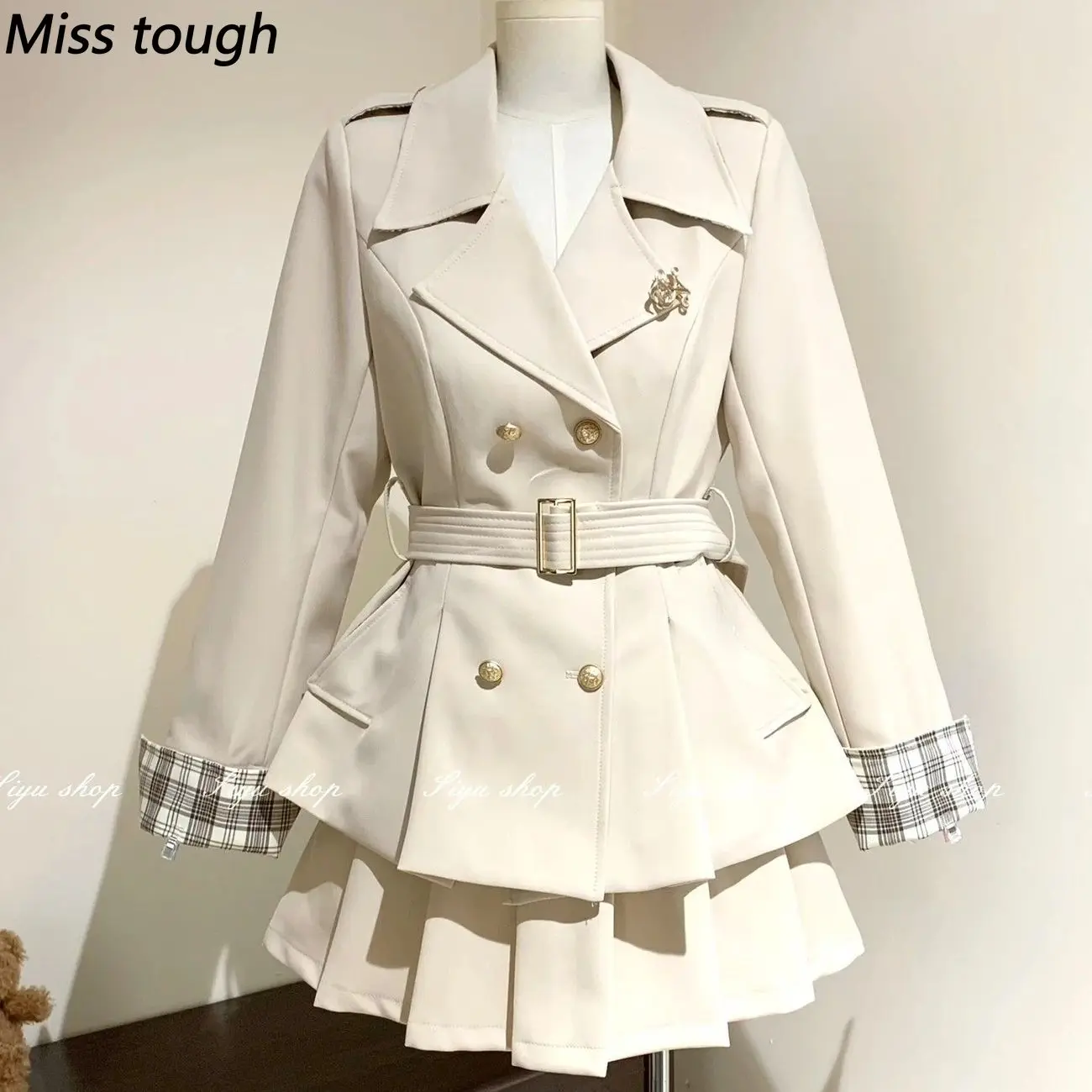 Korean Fashion Elegant Y2k Women's 2 Pieces Set Double Breasted Lapel Belted Waist Coat S+ Pleated Skirt Slim Fit Party Outfits