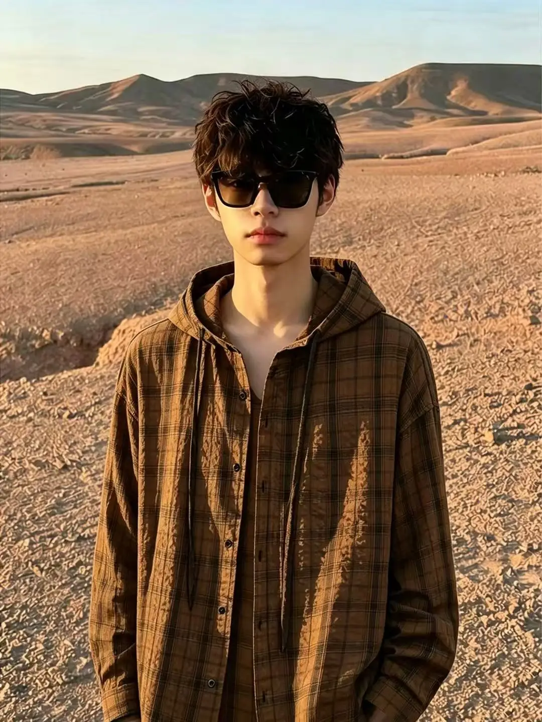 Brown Outdoor Hooded Sun Protection Shirt Men's Lightweight Loose Long Sleeve Plaid Shirt Quick Dry Breathable Jacket